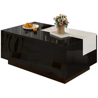 Hochglanz-Couchtisch 80x50x35 cm mit ausziehbarer Tischplatte, LED-Beleuchtung und Bluetooth-Steuerung in Schwarz-Weiß