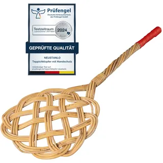 NEUSTANLO | Teppichklopfer in Sonnenform mit Handschutz | 3-fädiges Natur Rattan | länglich hell | 75x26 cm | flexibel und robust