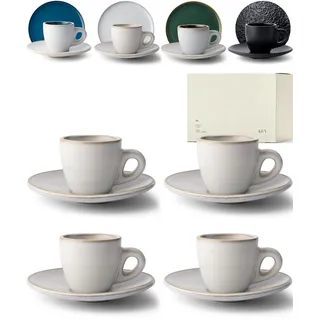 KIVY Espressotassen Set [4 x 75ml] - Handgefertigt aus dickwandigem Steingut Tasse - Espresso Tassen Set mit Untertasse - Espressotassen dickwandig italienisch - Espressotasse Beige Grau - Mokkatassen