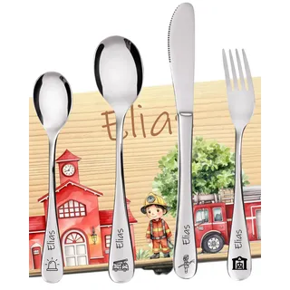 DEschenk personalisiertes Kinderbesteck mit Namensgravur | Besteck Kinder mit Gravur | Kindergeschirr personalisiert | Weihnachtsgeschenke für Babys | Taufgeschenk (Feuerwehr Set)
