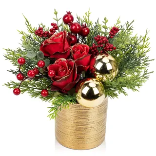 Oairse Mini Tabletop Weihnachtsbaum Kunstpflanze im Topf Weihnachtsdeko mit Rose und Weihnachtskugeln, Beeren für Weihnachtsdekoration Wohnkultur Küche Esstisch, Dekopflanze Zimmerpflanze Tischdeko