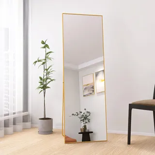 Henunem Standspiegel 162x53 cm Ganzkörperspiegel, Robust Modern Großer Wandspiegel Stehend oder Hängend, Rahmen aus Aluminiumlegierung, Hartglas, für Schlafzimmer, Wohnzimmer (Gold)