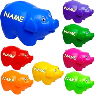 alles-meine.de GmbH große XL - Spardose - Schwein - bunter Farb-Mix - inkl. Name - 19 cm groß - stabile Sparbüchse aus Kunststoff/Plastik - Sparschwein - Glücksbringer - für Ki..