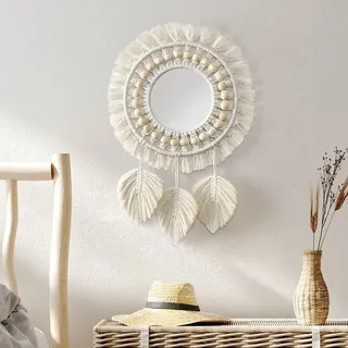 Makramee-wandspiegel Mit Fransen, Anhänger Aus Holzperlen In Federform, Runder Wandspiegel Für Schlafzimmer, Flur Und Wohnzimmer (beige)