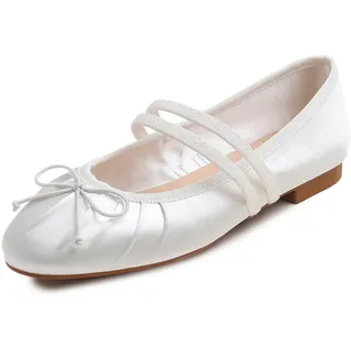 BREEZE NOUTHERLY Square Toe Wrinkle Mary Jane Halbschuhe,Flache Freizeittanzschuhe Quadratische Zehe Fältchen Mary Jane Weiß Satin EU 40 - 40 EU