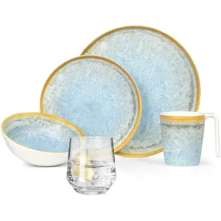 Melamin Camping Geschirr Set 4 Personen Crystal Blue + 4 Milano Gläser Wassergläser Tafelgeschirr Picknick BBQ Kochgeschirr