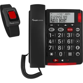 Amplicomms BigTel 50 Alarm Plus Schnurgebundenes Seniorentelefon für Hörgeräte kompatibel, inkl. Notrufsender, Wahlwiederholung