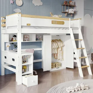 Merax Etagenbett Kinderbett 90x200cm mit Kleiderschrank, Schreibtisch, Offenes Regal, Hochbett mit Rausfallschutz & Sicherheitsleiter & Lattenrost, Funktionsbett Stockbett Jugendbett, Weiß & Natur