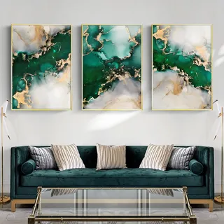 Grüner goldener Marmor-Leinwand, Wandkunst, grünes abstraktes Gemälde mit Goldfolie, Kunstdruck, Marmor, Schlafzimmer, Kunstwerk, Weiß und Gold, abstraktes Wandbild, modernes grünes Marmor-Poster,