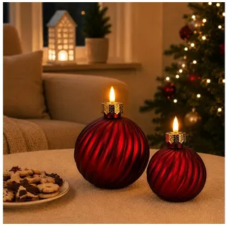 Online-Fuchs LED-Kerze in edler Weihnachtskugelform mit Timer, Bordeaux Rot - Weihnachtsdeko, realistische Kerzenflamme, warmweiße Beleuchtung, gefertigt aus stabilem Glas mit festlicher Eleganz rot