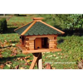 Dobar Rustikales XL-Vogelfutterhaus im Blockhaus-Stil mit grünem Bitumendach, Vogelhaus mit integriertem Futtersilo