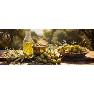 artissimo Glasbild Glasbild 80x30cm Bild aus Glas Küche Küchenbild grün mediteran, Essen und Trinken: Oliven / Olivenöl / Wein grün