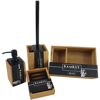 Badaccessoires-Sets Bambus Badezimmer Set 4tlg. Badzubehör Seifenschale Seifenspender WC-Bürste Kosmetik- Kästchen