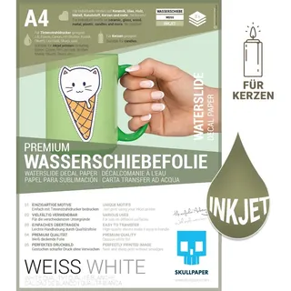 SKULLPAPER® Wasserschiebefolie WEISS für Tintenstrahldrucker - hauchdünn DIY Decal Abziehbild - Nassschiebefolie für Keramik, Glas, Kerzen, Metall, Kunststoff, Modellbau (A4-8 Blatt)