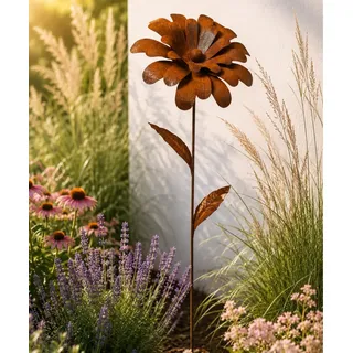 Terma XXL Rost Blume mit Einer Blüte 1,2m Gartenfigur groß, Metallfigur Garten Deko Blume für den Garten rostdeko Figur Metall Blume aus rost deko