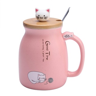 Tasse Keramik Tee-Ei Tasse, 420 ml Schöne Katze Keramik Tasse mit Löffel und Holzdeckel Kaffee Wasser Milch Becher für Drink Geschenk für Freunde oder Familie(Rosa)