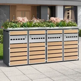 Merax Mülltonnenbox 4er mit Integriertem Pflanztrog, Rautenförmige Belüftung, Abschließbar, Rostbeständig, Gartenbox Metall für Außenbereich