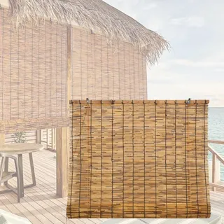 Bambusrollo Outdoor Vorhang Wetterfest, Bambus Rollo Jalousie Vorhang Sonnenschutz Mit Lifter für Fenster, Tür, Balkon, Garten, Wetterfest Aussen Außenrollo Ohne Bohren 10-180cm Breite(Carbonization)