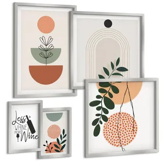 BILDER SET 5er Set - 50x50 cm & 20x30 cm & 40x60 cm Silberner Rahmen - Abstrakte Pflanzenformen