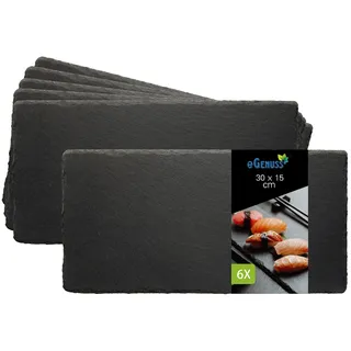 eGenuss Schieferplatten 6er-Set – Servierplatten aus Naturschiefer, schwarze Dessertteller & Sushi-Teller Gastronomie Catering – rechteckig 30x15 cm