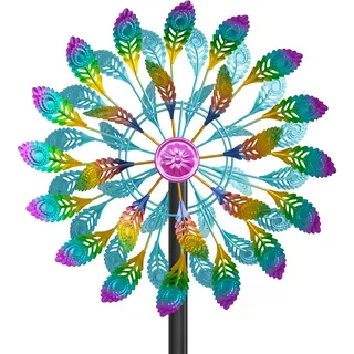 Metall Windrad Garten Dekoration in Retro-Farben - Windspiele für Garten, Rasen und Terrasse, Windskulptur Spinner mit Metallpfahl (Farbige Feather)