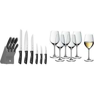 WMF Messerblock mit Messerset 7-teilig, Küchenmesser Set mit Messerhalter & Easy Plus Weingläser Weißwein 6er Set, Weinglas 390 ml, Kristallglas, spülmaschinenfest, transparent