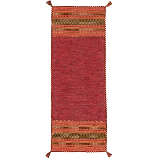 carpetfine Flachgewebeteppich Kelim Azizi Läufer Rot 75x200 cm | Moderner Teppich für Wohn- und Schlafzimmer