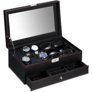 Relaxdays Schmuckaufbewahrung, Schmuckkasten mit Schublade, Brillen & Uhren, HBT: 13 x 33 x 20,5 cm, Lederoptik, schwarz