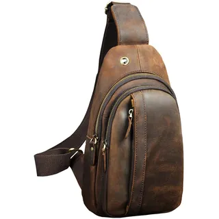 Le’aokuu Herren Echtes Leder Hüfttasche Brusttasche Bauchtsche Crossbody Bag Sling Bag Schultertsche Brustbeutel Für Motorrad Joggen (010 Dunke braun)... - M