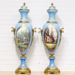 Casa Padrino Deko Vasen Hellblau / Gold 30 x H. 100 cm - Barockstil Porzellan Vasen Set