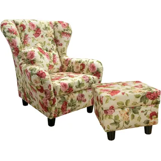 Ohrensessel mit Hocker Landhaus Polster-, TV-, Lesesessel Blumenmuster-Webstoff