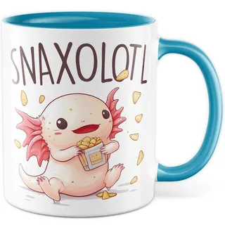 Snacks Tasse mit Spruch – Geschenk Snaxolotl – Kaffeetasse 330ml aus Keramik – Axolotl Snacking Tier Biologie Humor Wortspiel Freundin Kollege Kaffee-Becher