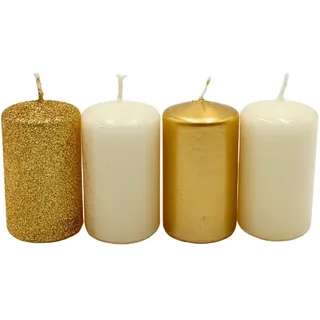 Dekohelden24 Stumpenkerze, Adventskerzen, Adventskranzkerzen, in Gold und Elfenbein, Verschiedene Farbnuancen, Größe H/Ø ca. 7 x 4 cm, 250 gr, Brenndauer 4X 10 h
