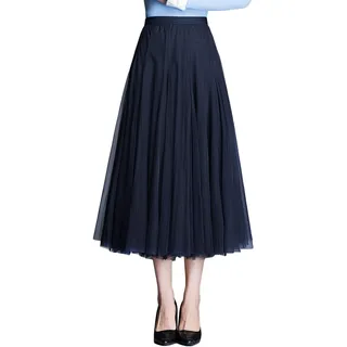 Damen Tüllrock Midi Faltenrock 78cm Länge Hoher Bund Schick Rock Elastisch Taille Drapiert Stoff, Marineblau - 36-40