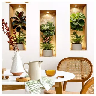 MOPUEA Wandsticker 3 Stück Pflanzen-Wandaufkleber 3D Wandtattoo für Wohnzimmer (Set, 3 St., Wasserfest & Leicht Zu Reinigen), 3d effekt für Büro, Flur, Wohnzimmer, Küche und Schlafzimmer