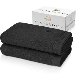 KLASBROOK® Linnea 2 teiliges Luxus Handtücher Set Schwarz, extra flauschig und saugfähig aus 100% Baumwolle Oeko-TEX 100 Zertifiziert mit Aufhänger, 2 Badetücher 70x140