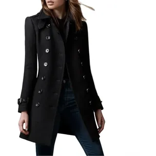 Damen Wollmantel für Herbst Winter Casual Fashion mit zweireihigem Design (S Schwarz)