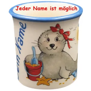 Carstens Keramik Eierbecher mit Name, Seehund mit Schleife und Eimer. * Jeder Name ist möglich * ca 5 cm hoch