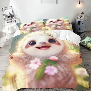 CHEFFS Faultier Bettwäsche 135 x 200 Faultier Tiere Bettbezug Tropische Blumen Blätter Bettwäsche Set für Mädchen Microfaser Kinder Cartoon Tiere Bettbezug und Kissenbezug (135 x 200 cm,1)