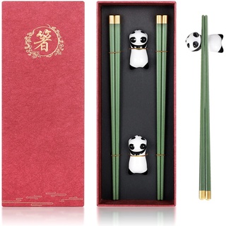 Essstäbchen Wiederverwendbare Essstäbchen mit Halter Chinesisches Japanische Geschenkset Legierungs Essstäbchen-Set Geschirrspülersichere + Keramik-Panda-Essstäbchenauflage (2 Paare mit Halter)