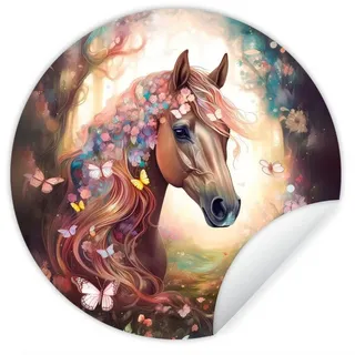 MuchoWow Wandsticker Pferd - Natur - Blumen - Schmetterlinge - Wald (1 St), Wandtattoo Selbstklebend, Wohnzimmer Deko Aufkleber, 30x30 cm bunt 30 cm x 30 cm x 0.1 cm
