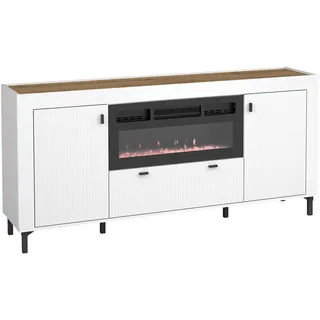 MIRJAN24 Kommode Mossa 2D1S MO07 mit Kamin (mit zwei Drehtüren und Schublade), Realistische LED-Flamme, 177x40x84 cm weiß