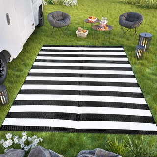 TAPISO Ibiza Teppich Outdoor Zweiseitig Wendbar Wasserdicht Resistent Streifen Zebra Weiß Schwarz Picknick Strand Garten ÖKO-TEX 120 x 180 cm