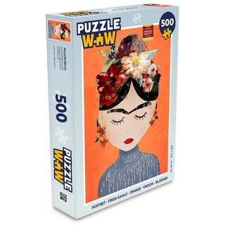MuchoWow Puzzle Porträt - Frida Kahlo - Orange - Frau - Blumen, 500 Puzzleteile, Foto-Puzzle, Bilderrätsel, Puzzlespiele, Spielzeug bunt