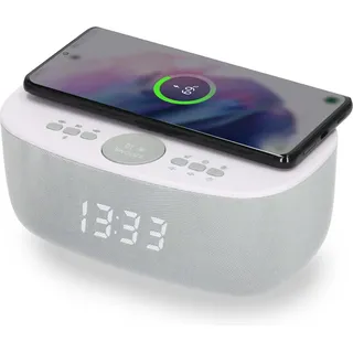 AIC Stylischer Radiowecker mit Bluetooth®, kabelloser Qi-Ladefunktion, Dual Alarm, sattem 6-Watt-Stereoklang, USB-Anschluss und 5 Stufen Dimmer. (Weiß)
