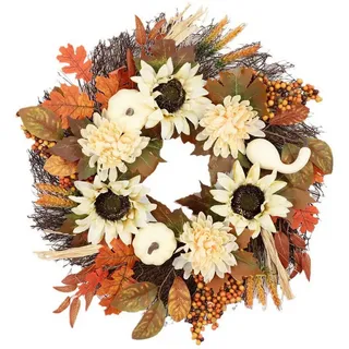 Sorvyzxn Dekokranz Herbst Sonnenblumen Kürbis Türkranz, künstlicher Herbst Erntekranz Ø 50 cm