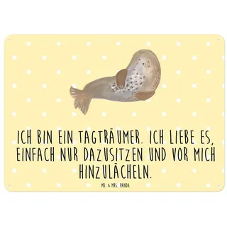 Mr. & Mrs. Panda Metallschild Robbe Lachen DIN A6 - Gelb Pastell - Geschenk, Ostsee, Türschild, Wan, (1 St), Sicherheit und Stil gelb DIN A6