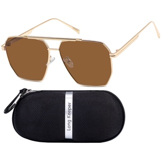 Long Keeper Polarisierte Sonnenbrille für Damen Herren Retro Quadratische Pilotenbrille Übergroße Metallrahmen Klassische Vintage Sonnenbrille UV400 Schutz, Goldener Rahmen, braune Gläser (mit