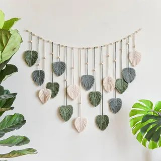 Herfair Makramee Wandbehang Boho Deko, Gross Wandteppich Gewebte Wandbehang Boho mit Holzperlen und Blätter, für Outdoor, Wohnzimmer,Schlafzimmer,Indoor, Geschenke-120x75cm (Grün)