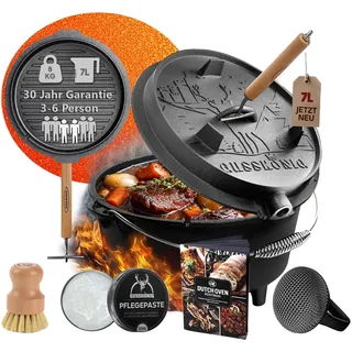 GUSSKÖNIG Premium Dutch Oven 7 Liter Set-2in1 Feuertopf Gusseisen mit Füßen | Thermometeröffnung, für 3-6 Personen, inkl. Deckelheber, Pflegepaste, Bürste, Schrubber, Rezeptbuch, 30J Garantie